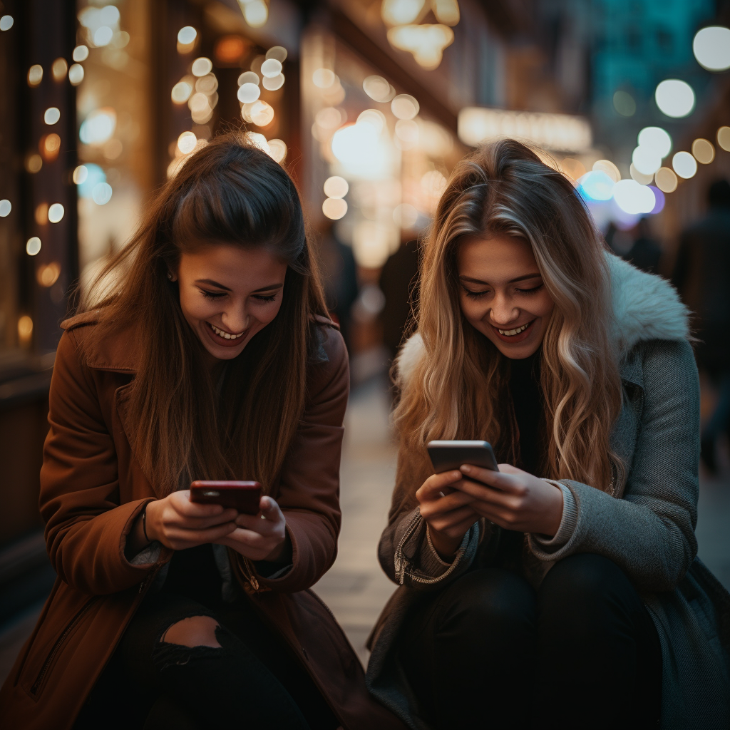 2 girls checking their phones social media