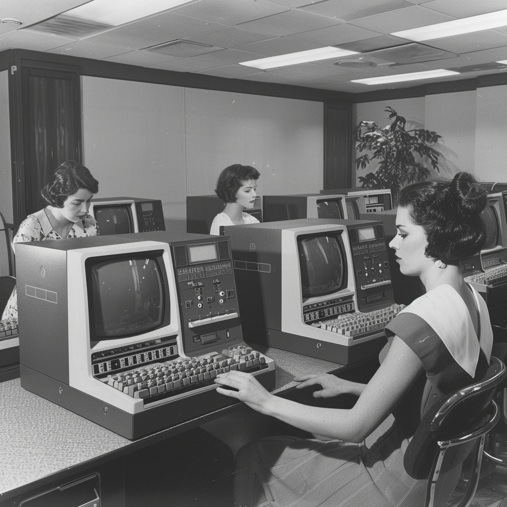 Ladies working behind retro computers