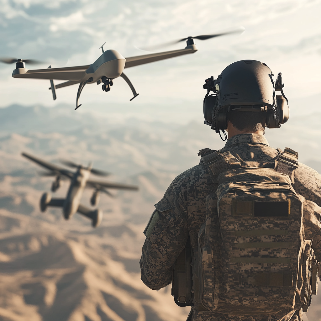 Military personnel operating drones